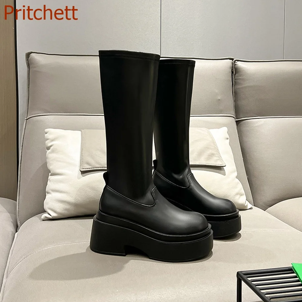 

Round Toe Thick Sole Women Shoes Modern Boots Knee High Fashion Solid Genuine Leather Comfortable Women Shoes 2023 New Arrivals
