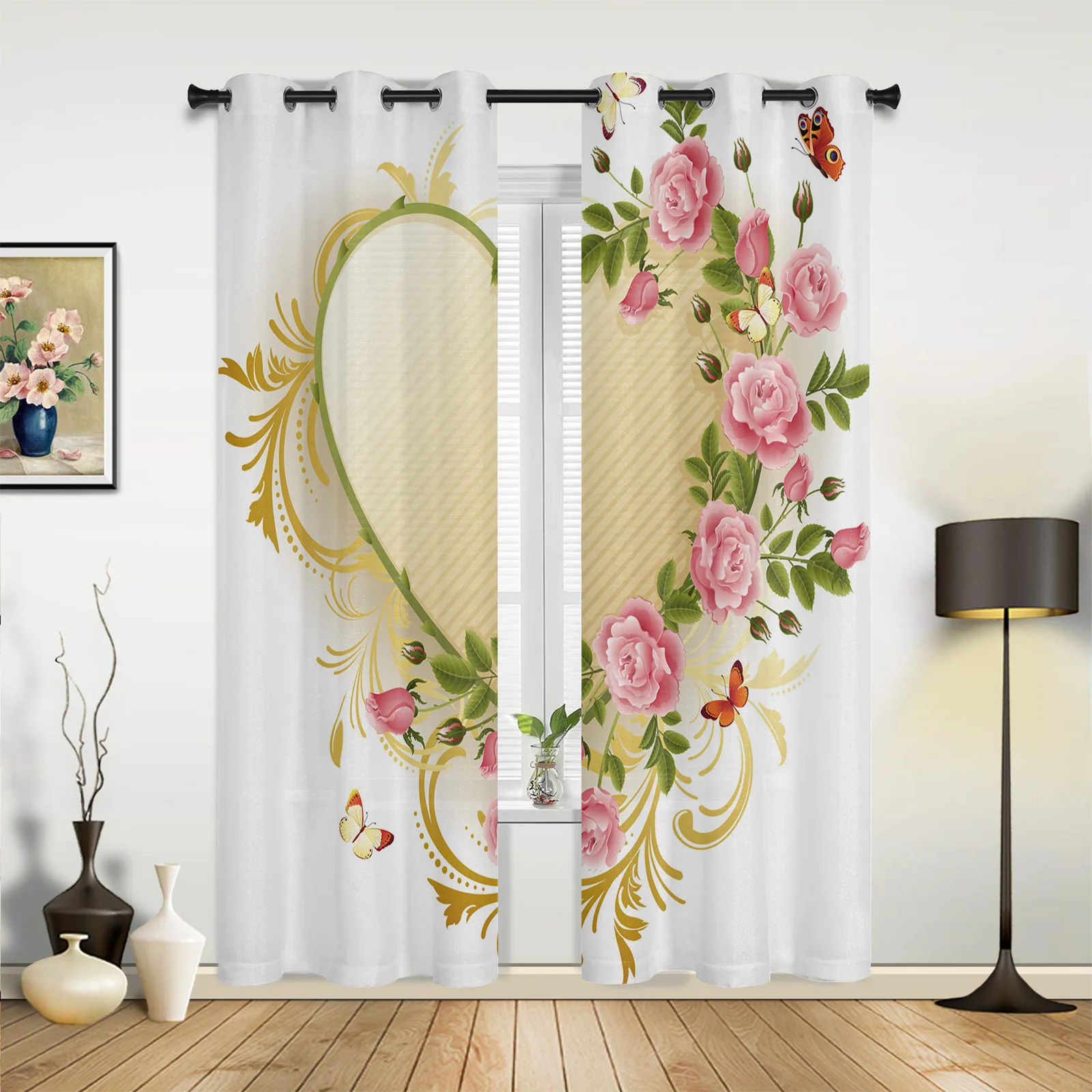 

Pink Rose Butterfly Heart Shape Curtains for Bedroom Living Room Drapes Kitchen Children's Room Window Curtain Modern Home Decor