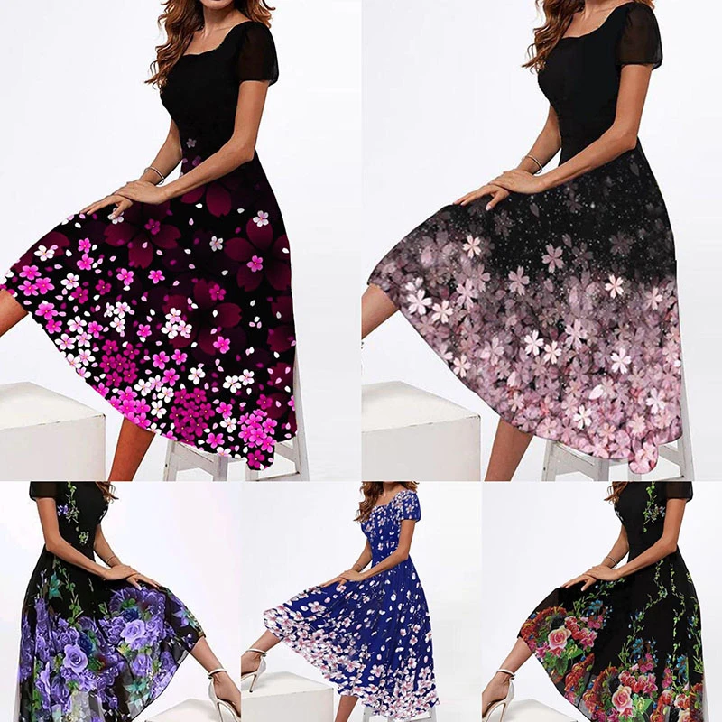 Купи Square Neck Short Sleeve Floral Print Long Dress for Women Elegant Evening Party Dress Fashion Simple Slim Breathable Dresses за 866 рублей в магазине AliExpress