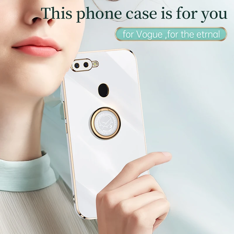 Plating Square Ring Holder Silicone Phone Case On For Oppo A7X a7x oppoa7x 2020 A7x Oppo phone case Luxury Stand Cover