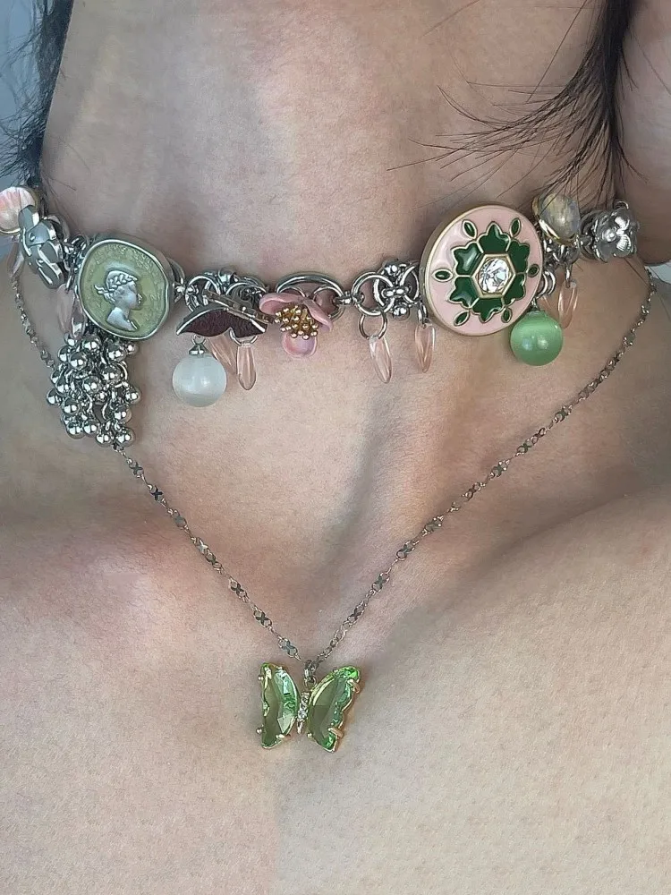 HUANZHI Новое зеленое винтажное Двухслойное ожерелье Цветочная Бабочка из циркона