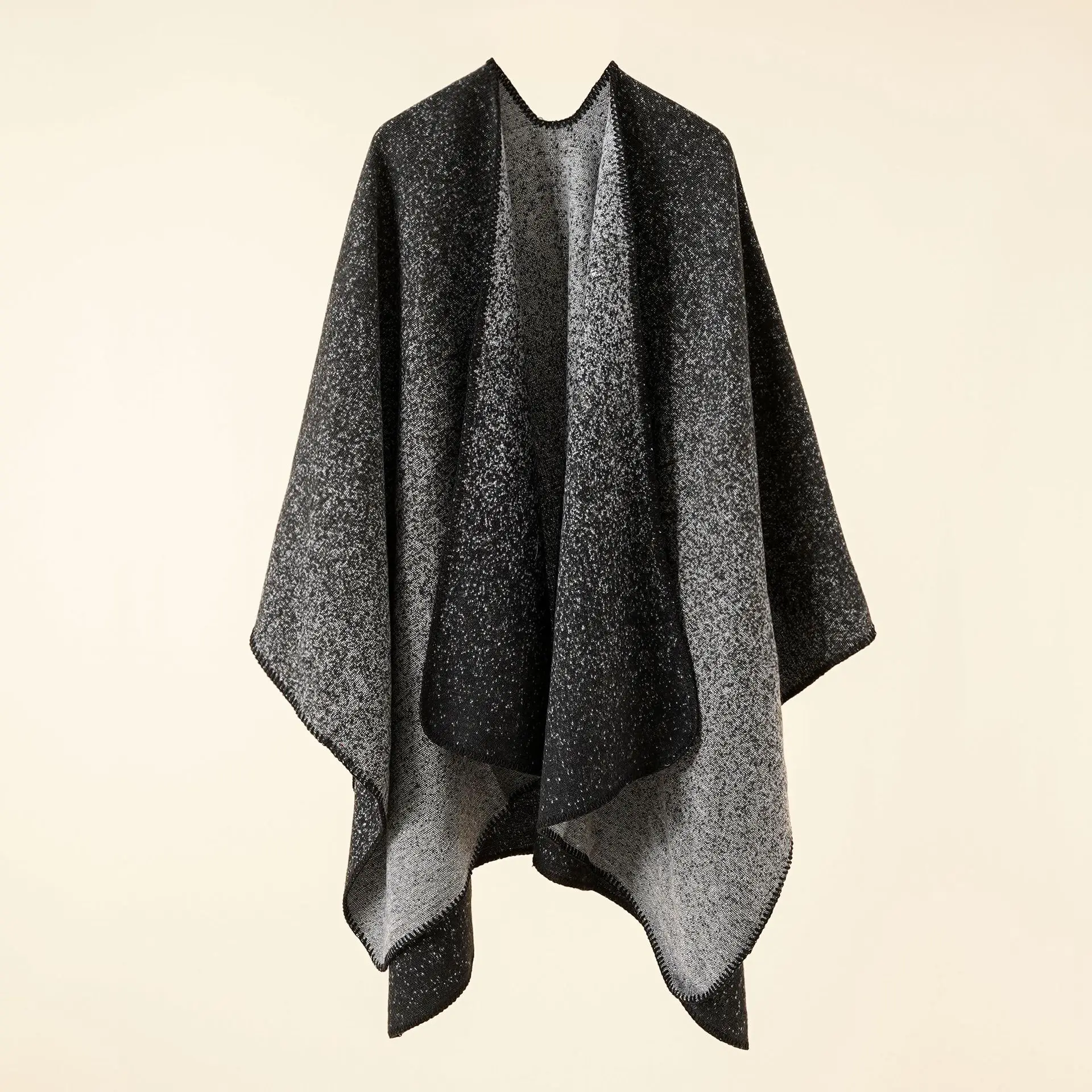 2022 Autumn Winter New Street Solid Color Gradient Herringbone Imitation Cashmere Warm Shawl Cloak Poncho Capes Black