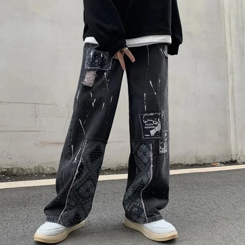 American Street Clothing Retro Trend Pocket Jeans Female Letter Star Print High Waist Casual Oversized Straight Pants Unisex
