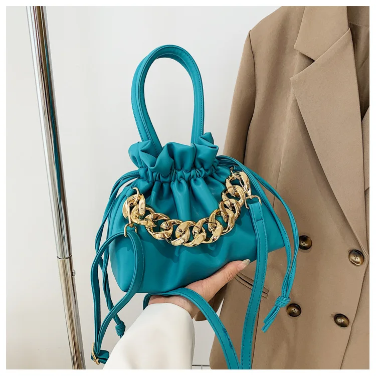 

High Quality Pleated Crossbody Handbags Pu Leather Women Solid Color Bucket Purse Candy Colors Shopper Shoulder Messenger Bag