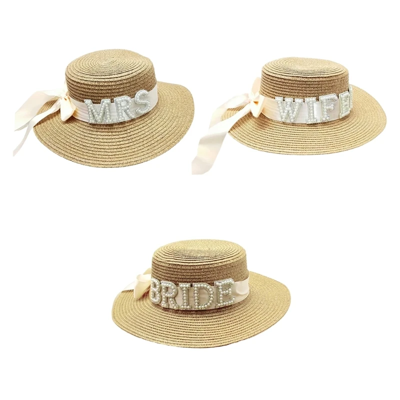 

Sun Protective Straw Hat for Bridal Shower Artificial Pearls Straw Bonnet Sweet Handwoven Sun Cap Bride Party Dropship