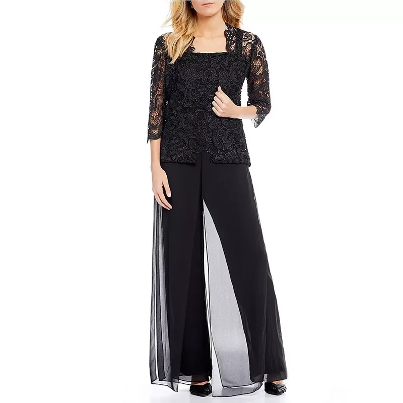 

Elegant formal Women Solid Color Mesh Pants Sets Sheer Half Sleeve Floral Lace Layered Mother of Bride Shawl + Pant Women outfit