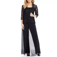 elegant formal women solid color mesh pants sets sheer half sleeve floral lace layered mother of bride shawl pant women outfit