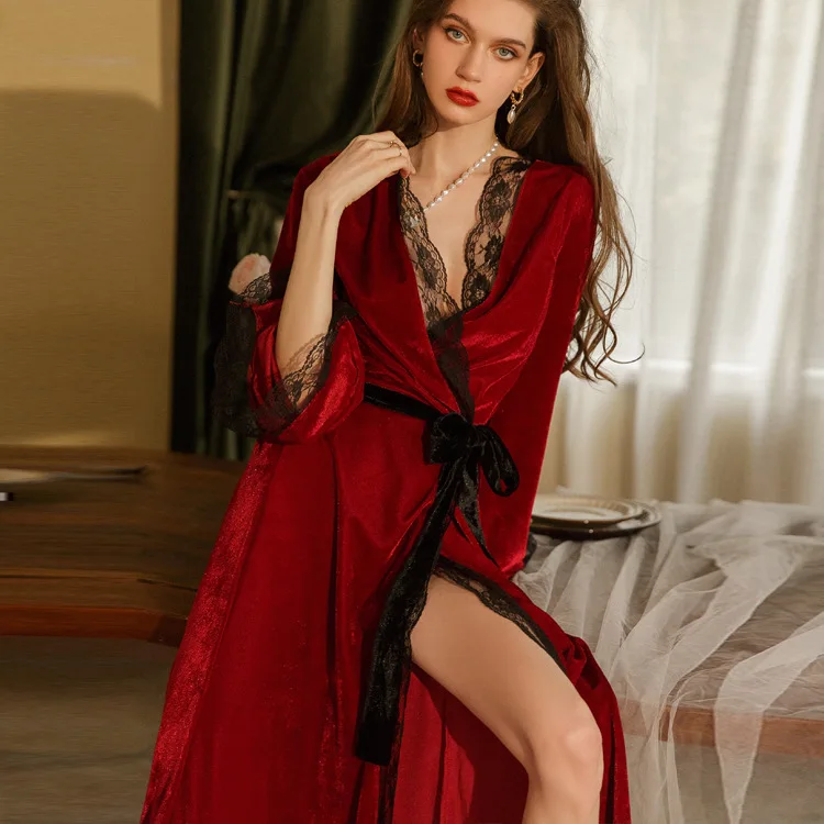 Gold Velvet Women Spring X-long Bathrobe Lace Ladies Robes With Sashes French Style Luxury V Neck Kimono Dressing Gown Female