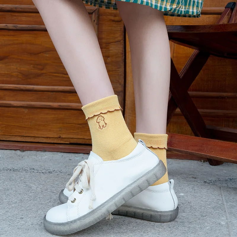 Носки женские теплые из 25% шерсти с вышивкой в виде овец японские милые зимние