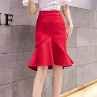 women 2021 summer elegant high waist bodycon stretch formal skirts korean fashion irregular ruffles package hip fishtail skirt