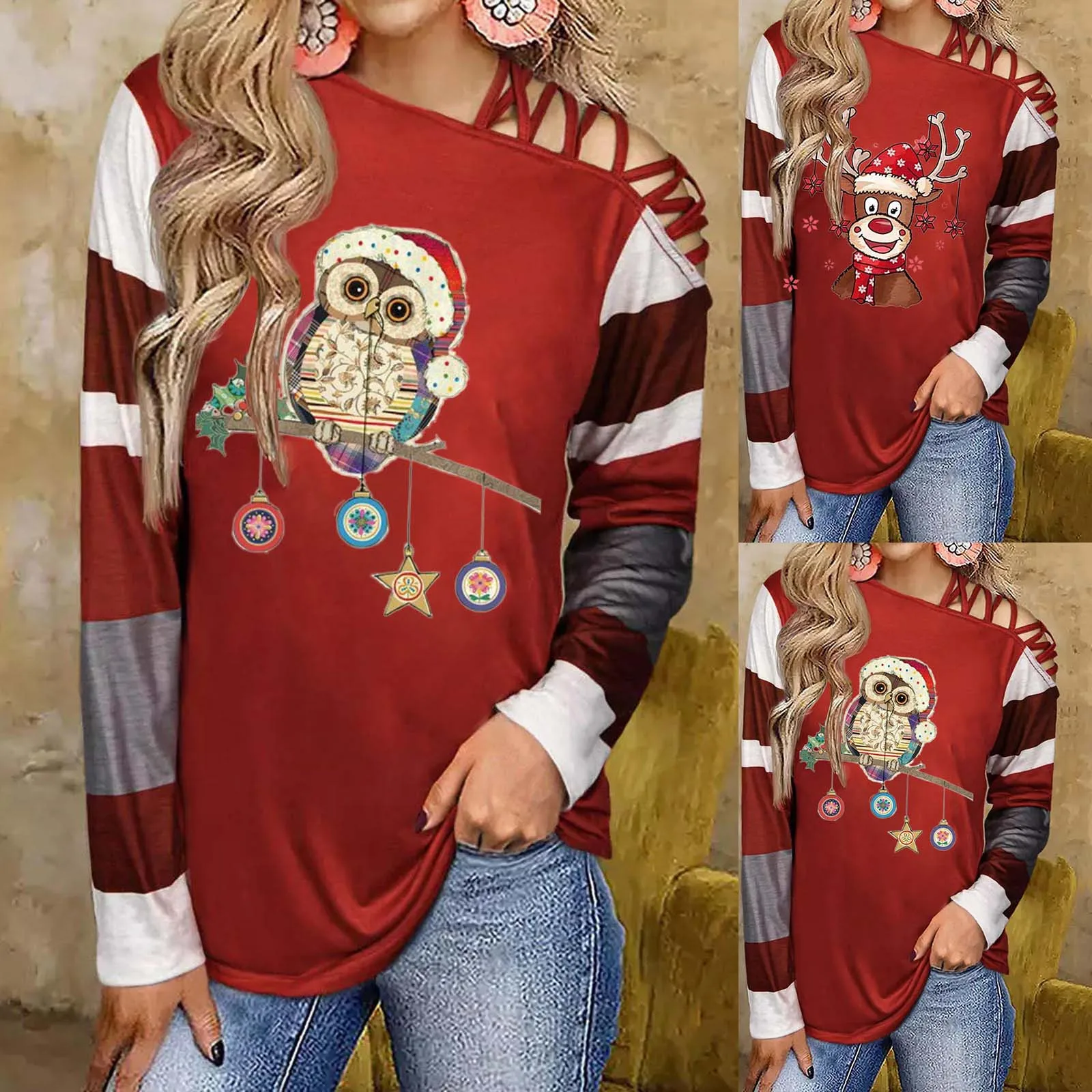 

Womens Christmas Print Off Shoulder Long Sleeve Shirt Loose Pullover Long Sleeve Top Women Long Sleeve Tee Shirt