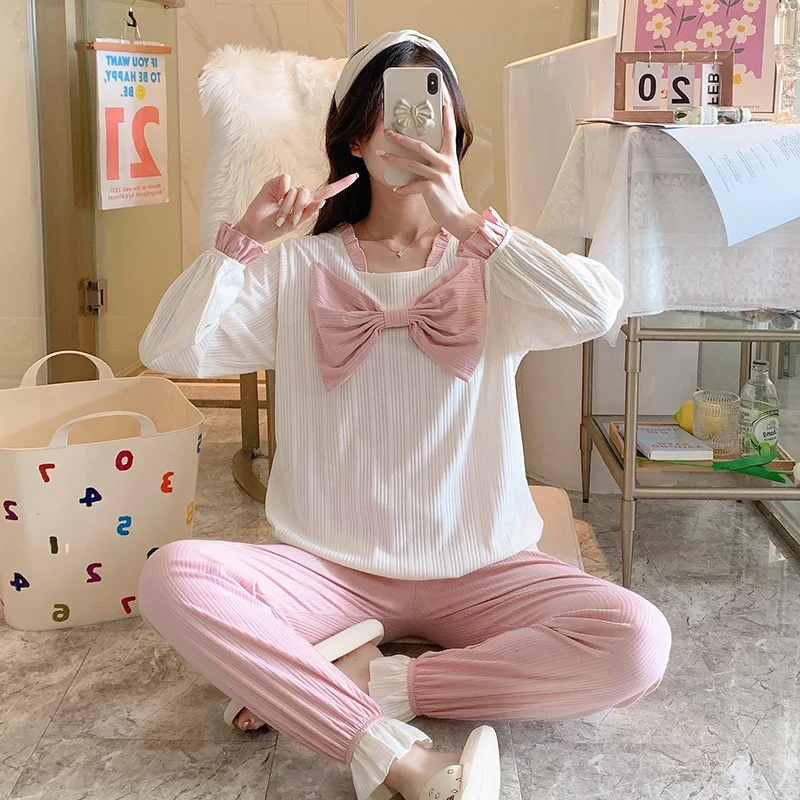 

Пижамы для весны и осени с круглым вырезом и длинными рукавами