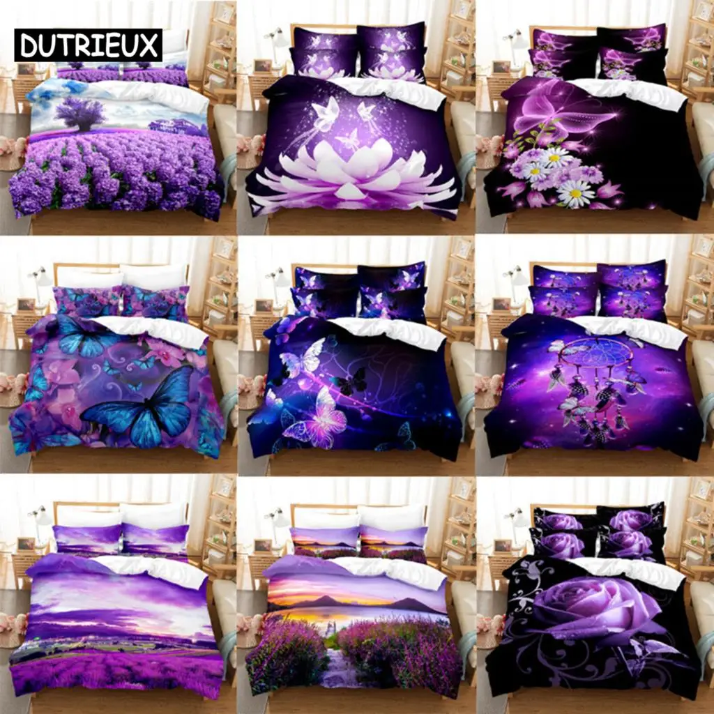 

Фиолетовый Комплект постельного белья, постельное белье, пододеяльник, покрывало для кровати, подушка, 3D одеяло, лаванда, Бабочка, двойная, полная, двуспальная, односпальная