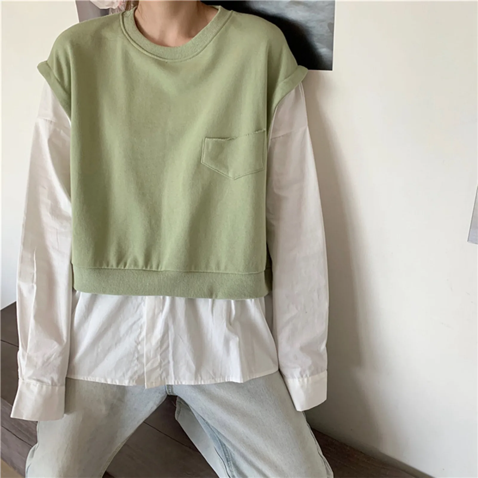 

Women's Large Size Fashion Patchwork Fake Two Pieces Long Sleeve Tops Loose Round Neck Casual Color Blocking Pullover Sweatshirt