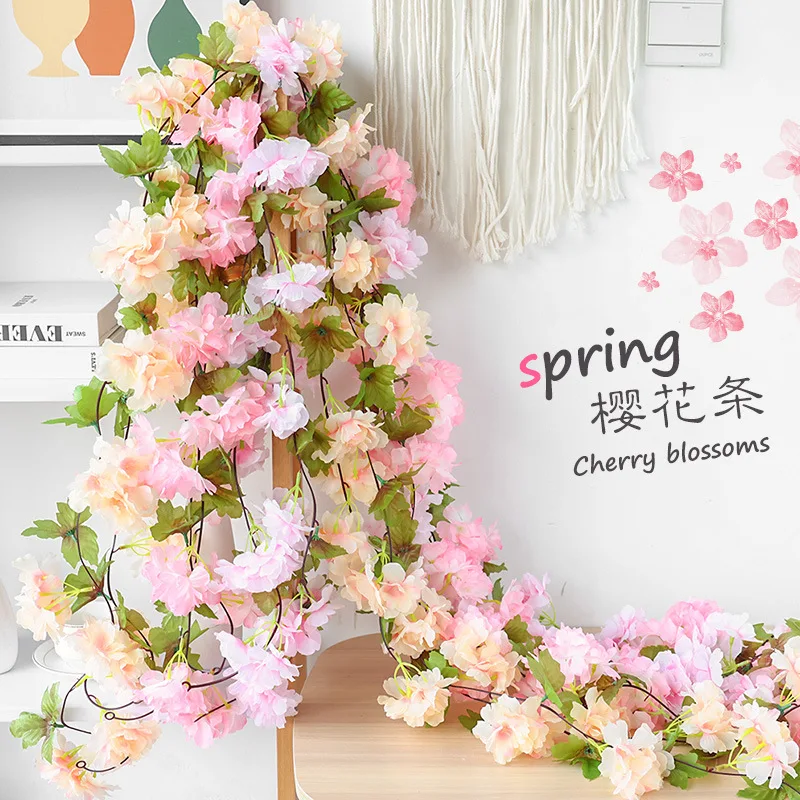 

1. Stripped Silk Cloth Artificial Cherry Blossoms Vines Hanging Flowers Hanging Walls Christmas Vines Fake Plants Leaving