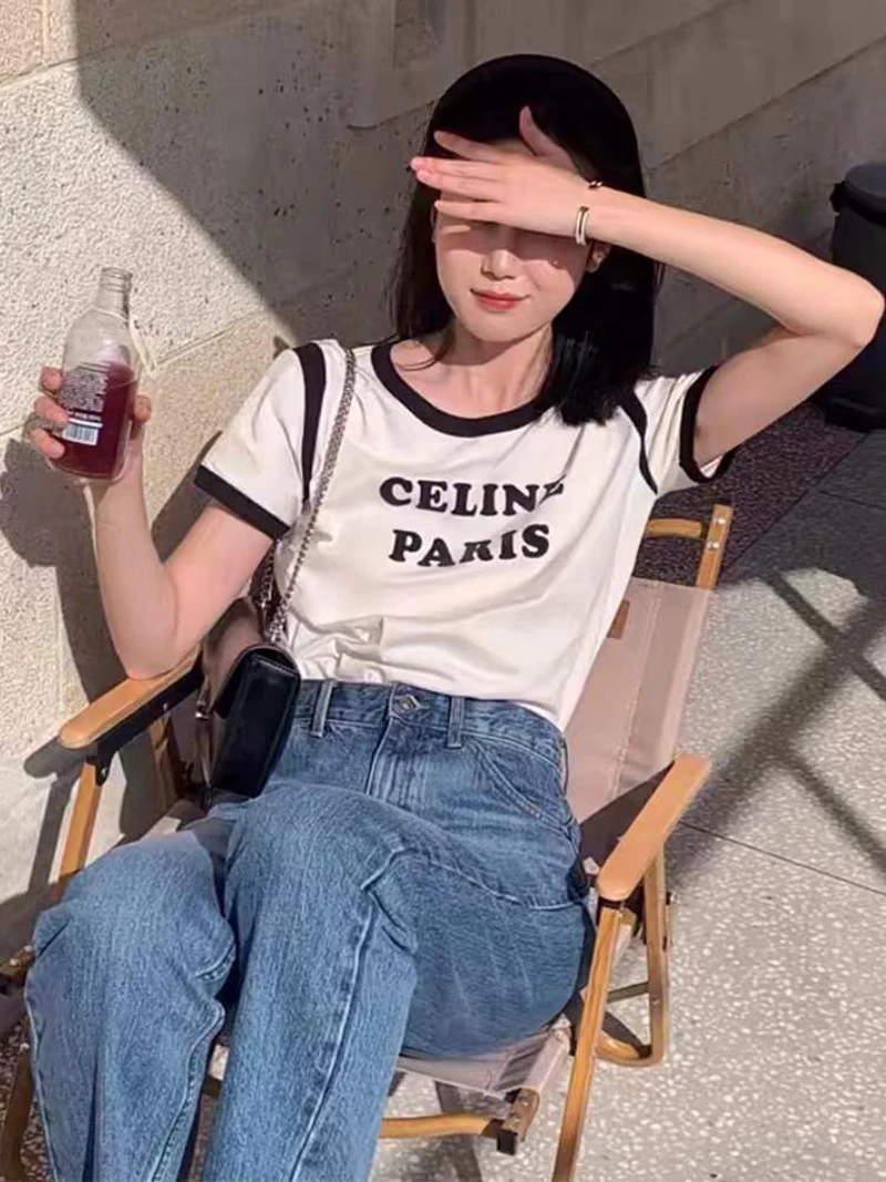 

Street Casual Cotton Women's Top Summer 2022 New Letter Flocking Splicing Contrast Sleeve Design Short Sleeve T-Shirt