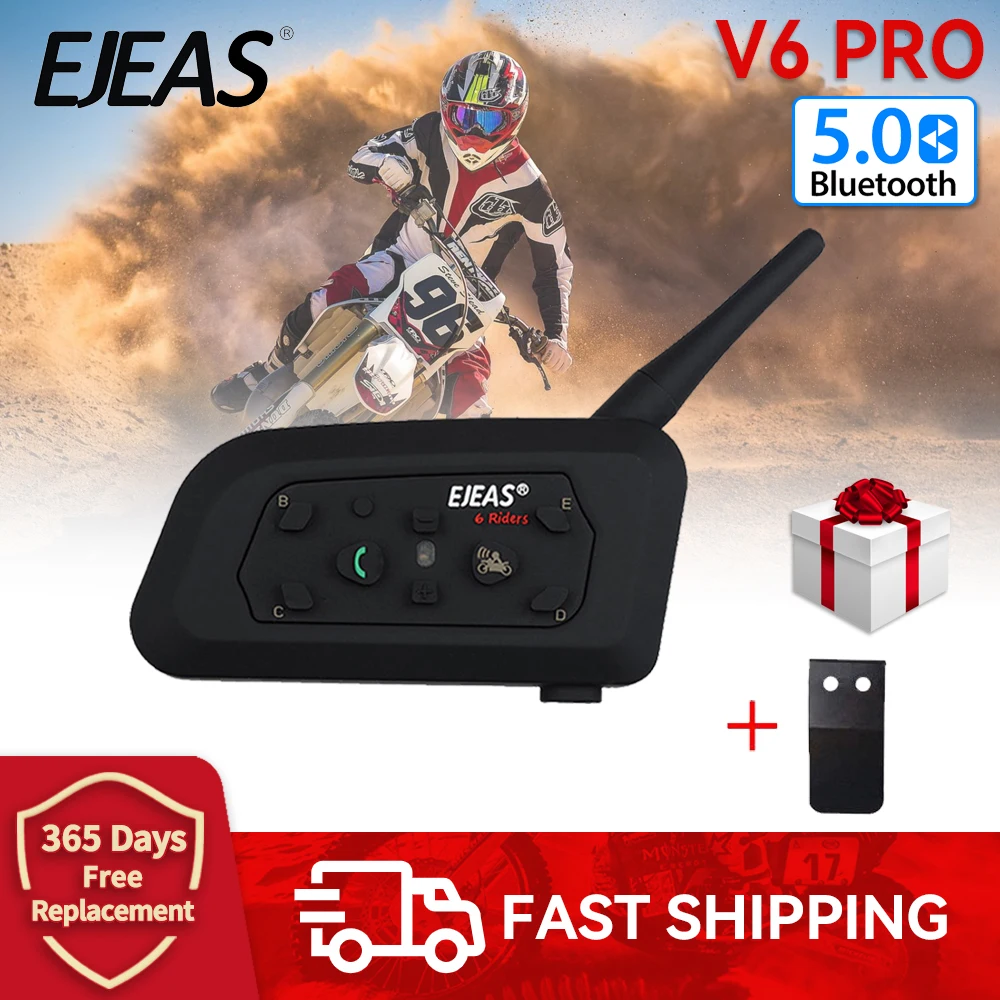EJEAS V6 PRO Bluetooth5.0 Motorcycle Intercom Helmet Headset Wireless Interphone Communicator For 6 Riders Hands Free Waterproof