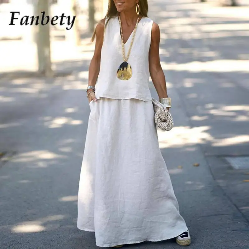 

Женский комплект из двух предметов, элегантный однотонный топ с V-образным вырезом и длинная юбка, винтажный однотонный комплект из хлопка и льна с юбкой