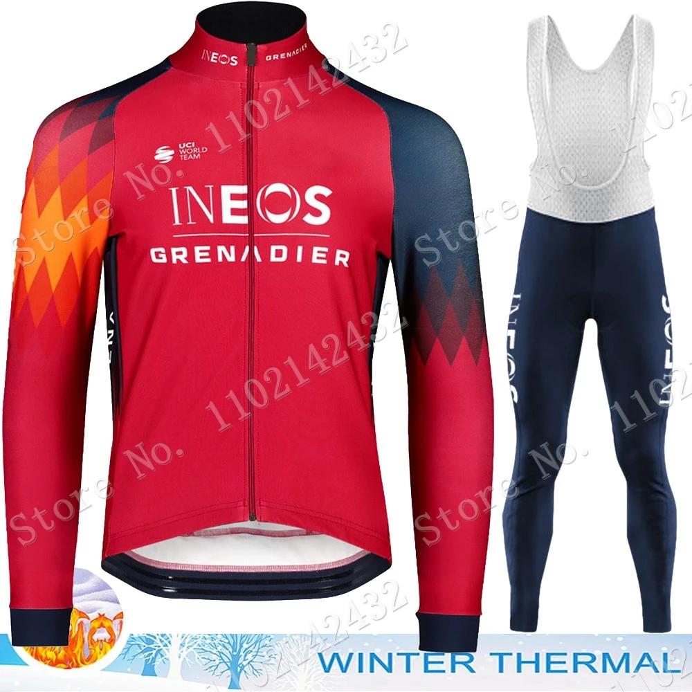 

Winter Ineos Grenadier Team 2023 Red Cycling Jersey Set Thermal Fleece Clothing Long Sleeve Road Pants Bib Bike Suit MTB Ropa