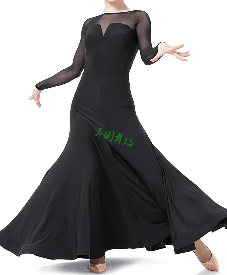 

National Standard Dance Dresses Adult Advanced Black Dancing Skirt Women New Cheap Waltz Ballroom Competition Dance Dress