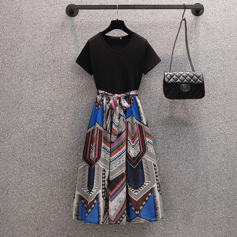 

Women short Sleeve Patchwork Midi Dresses Office Ladies French Vintage Elegant High Waist A-line Vestidos 4XL Dresses