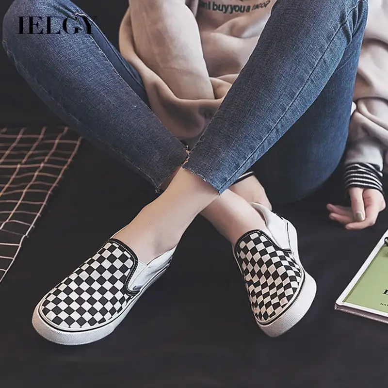 

IELGY Korean style black and white canvas shoes retro lace round toe flat bottom