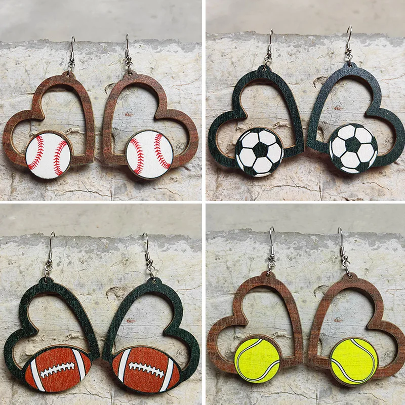 

Wooden Sports Love Earrings Football Baseball Basketball Tennis Volleyball Hollow Out Love Game Fans Jewelry Earrings