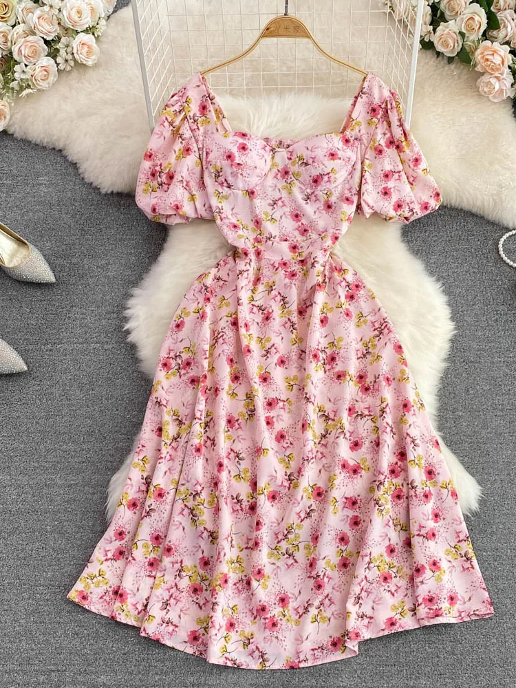 

Women Summer Dress Fairy Square Neck Sweet Bubble Sleeves Wrap Waist Show Thin A-line Elegant Large Swing Dress D3727