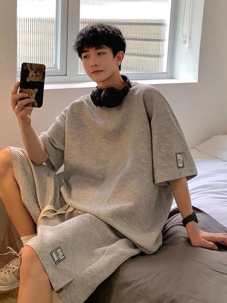 2023 Summer Unisex Asual Suit Men's Hong Kong Style Short SleeveT-shirt Korean Streetwear Casual Preppy Shorts Two Piece Set