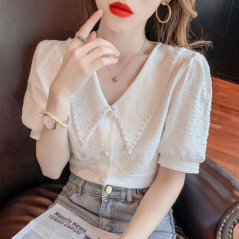 

Summer New Arrival Women Solid White Jacquard Blouse Short Sleeve Casual Shirt Women's Korean OL Style Chic Tops Feminina Blusa