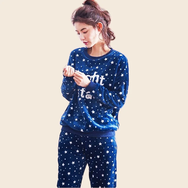Women's Fashion Pajamas Set Flannel Pyjamas Star Print Homewear Full-Sleeve Long Pants 2Piece/Set Mom Cozy Winter Sleepwear