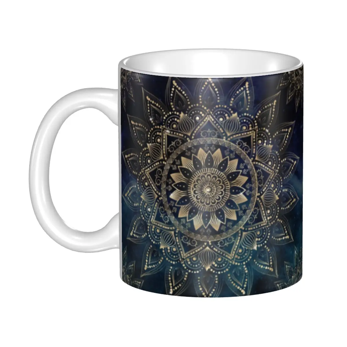 

DIY Elegant Gold Mandala Blue Galaxy Design Ceramic Mug Custom Buddha Buddhism Flower Coffee Cups Creative Present