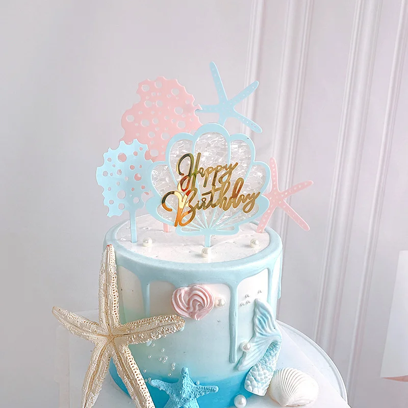 

Hot 1pcs Colorful Shell Cake Topper Happy Birthday Decoration Mermaid Theme Party Cupcake Topper Under The Sea Party Supplies