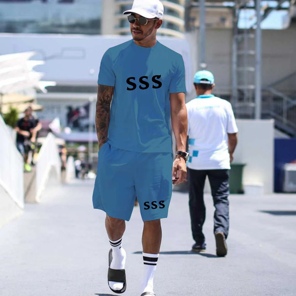 

2022 NEW Summer breathable quick dry men's two piece sportswear casual solid short sleeve T-shirt with lace up shorts