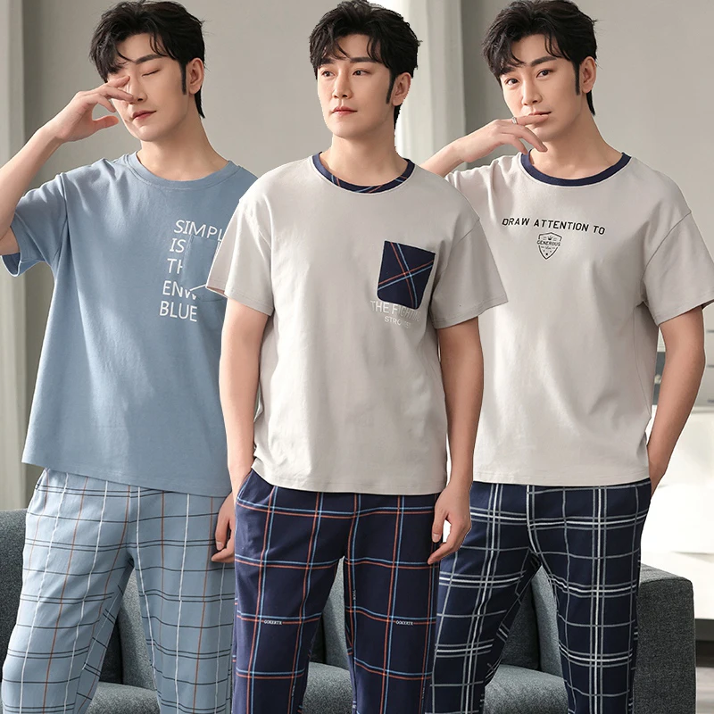Plus Size Casual Plaid Short Sleeve Long Pants Cotton Pajama Sets for Men Spring Summer Korean Sleepwear Pyjama Homewear Clothes