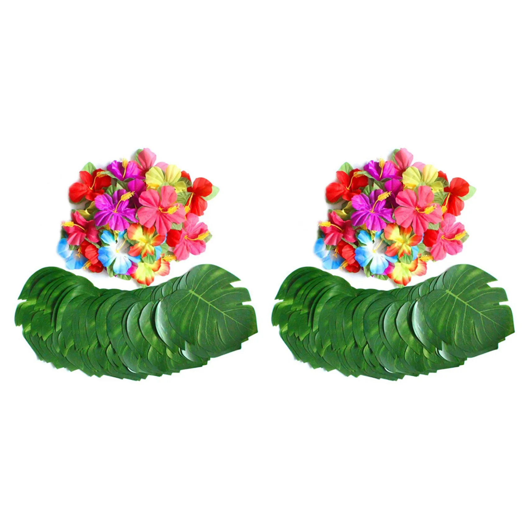 

120 Pcs Tropical Party Decoration Supplies 8 inch Tropical Palm Monstera Leaves and Hibiscus Flowers Simulation Leaf