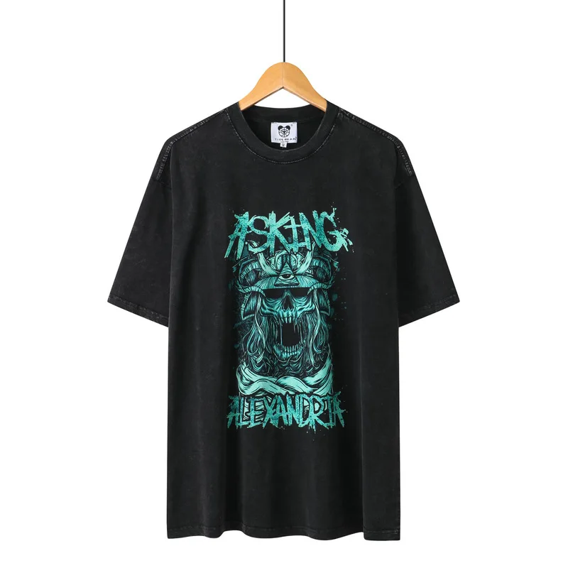 

Men's Washed Distressed Cotton T-shirt with Skull Print Loose Short Sleeve Tees High Street Brand Streetwear Y2K Clothing