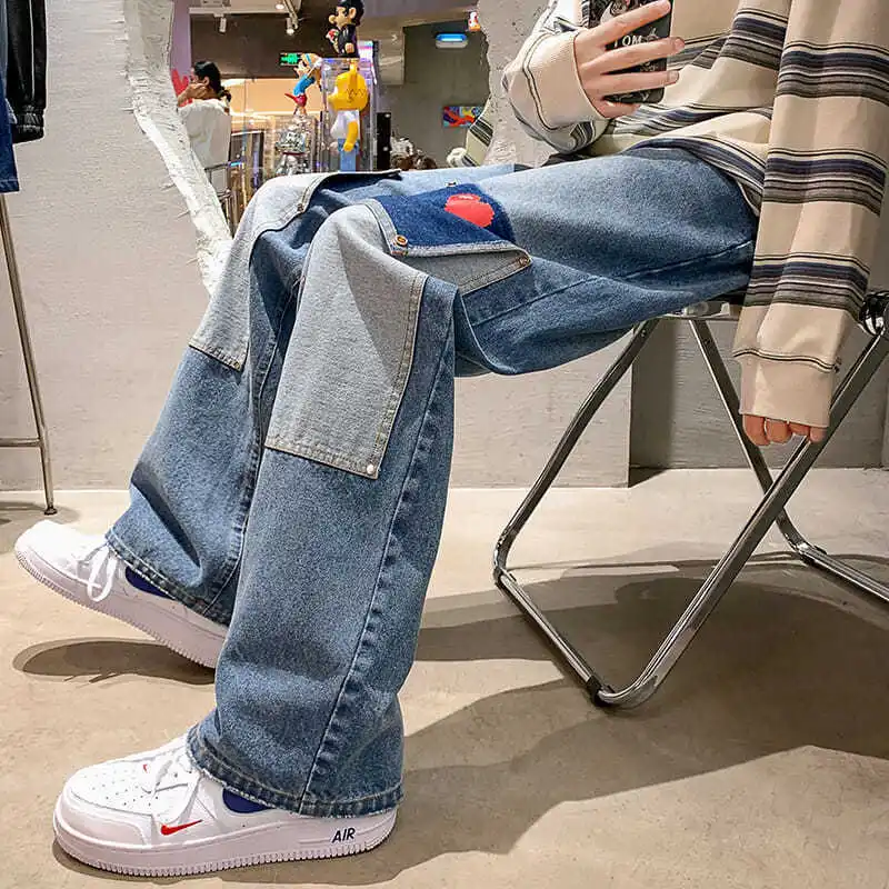 Men Low Waist Trousers Streetwear Casual Baggy Jeans Patchwork Grunge Women Denim Hip Hop Wide Leg Cargo Pants Plus Size Clothes