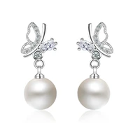 luxury crystal zirconia cute butterfly pearl stud earrings for women