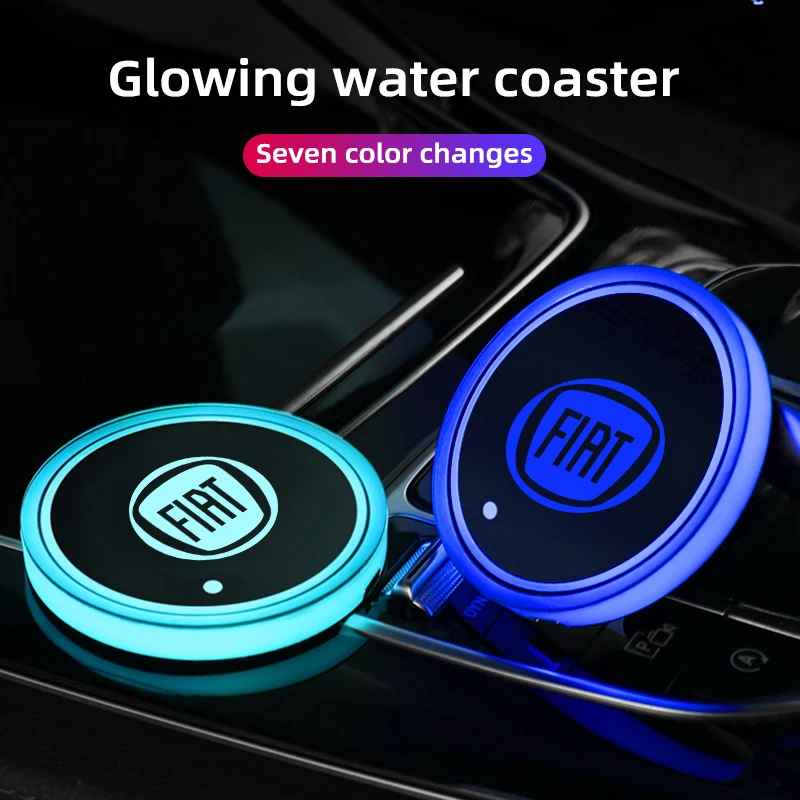 2pcs LED Car Logo Cup Holder Pads RGB Changing USB Charging Coasters For Fiat 500 Point Style Ducato Palio Brav Doblo Panda B