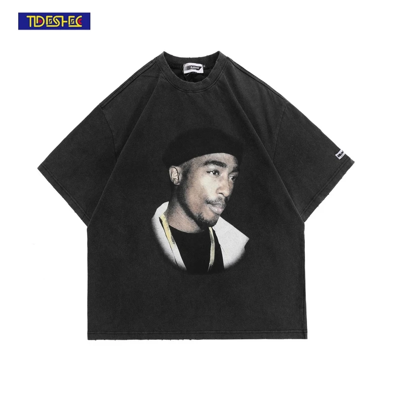 

Summer 2022 Men T-Shirt Streetwear Hip Hop Washed 2PAC Portrait Print T Shirt Loose Casual Oversized Graphic Tee Top Black White