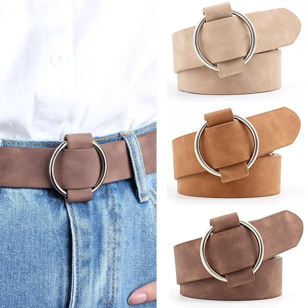 

Women Round Metal Buckle Leather Belts Female Leisure Jeans Wild Without Pin Fashion All-Match Strap Belt