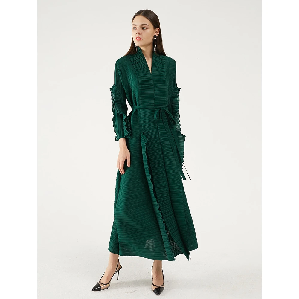 

Плиссированное Платье с длинным рукавом-лепестком, кардиган с отложным воротником и поясом, женское длинное зеленое платье с поясом, зима ...