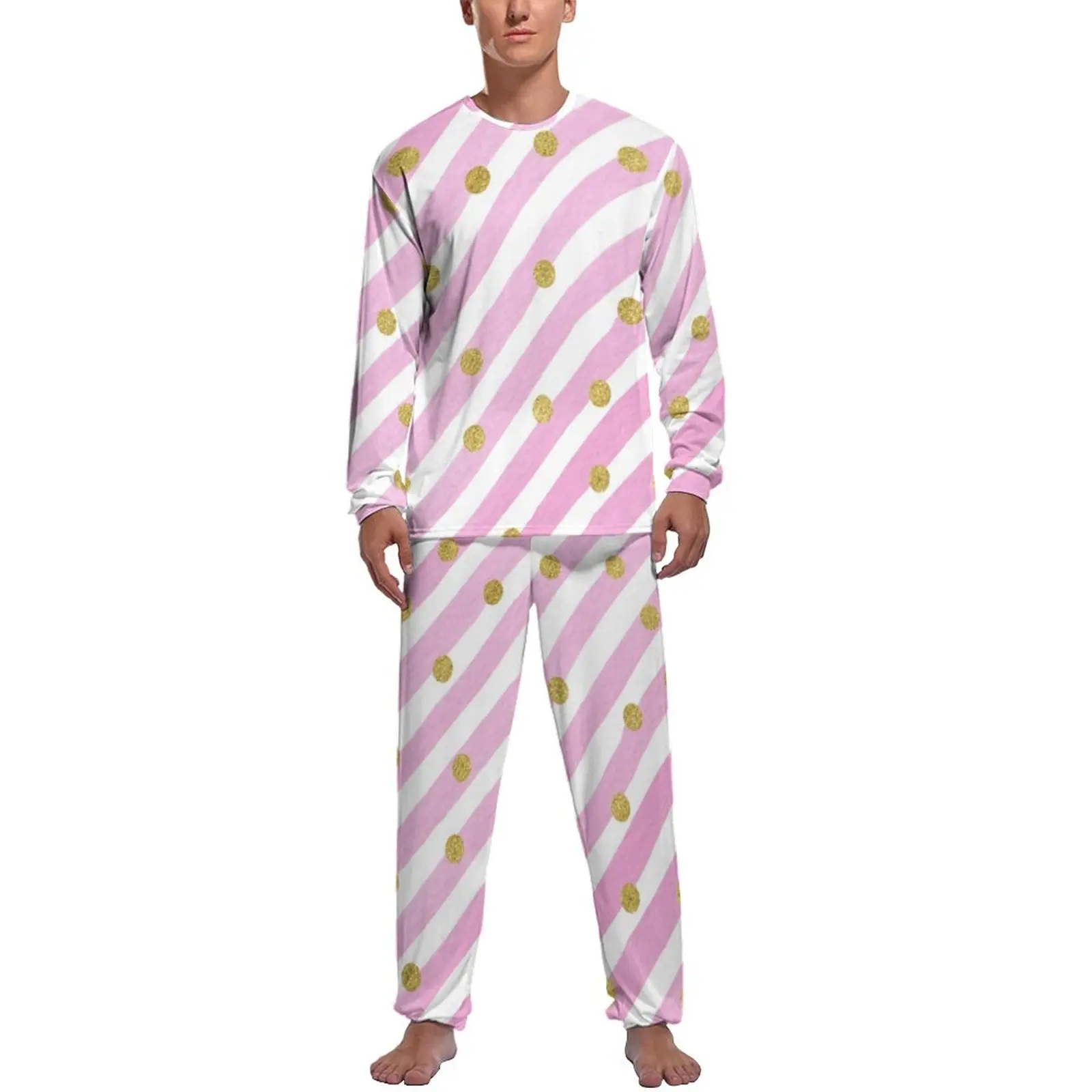 

Glitter Dots And Stripes Pajamas Autumn Pink Geometric Bedroom Home Suit Men 2 Pieces Custom Long Sleeve Trendy Pajama Sets