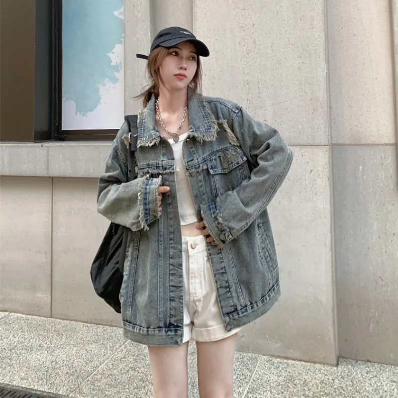 Женская короткая куртка с потертостями свободная винтажная в американском стиле