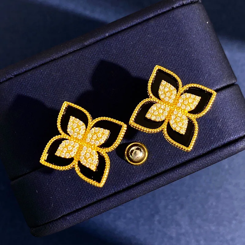 

Light Luxury Three-Leaf Clover Cold Wind Black Onyx Plated 18K Gold Diamond Four-petal Flower Female Earrings Jewelry Wholesale