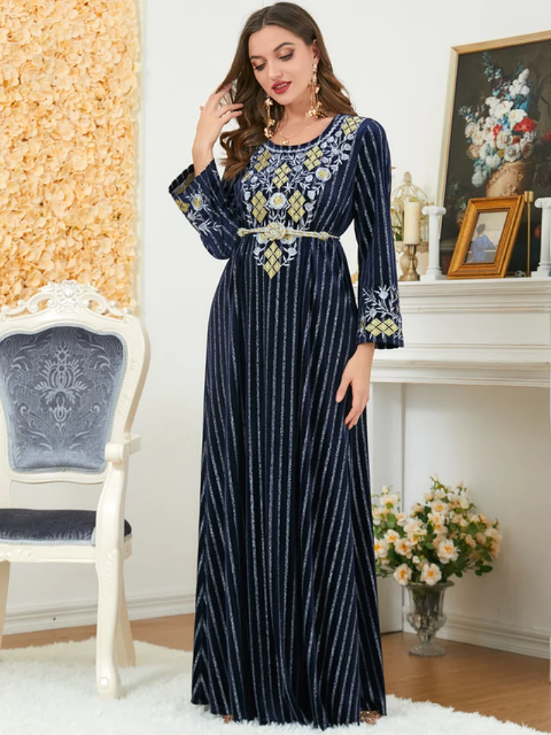 Morocco Abaya's Velvet Embroidery O-Neck Long Sleeve Maxi Dress Belted Kaftan Muslim Oman Qatar Turkey Prom Dresses Ramadan
