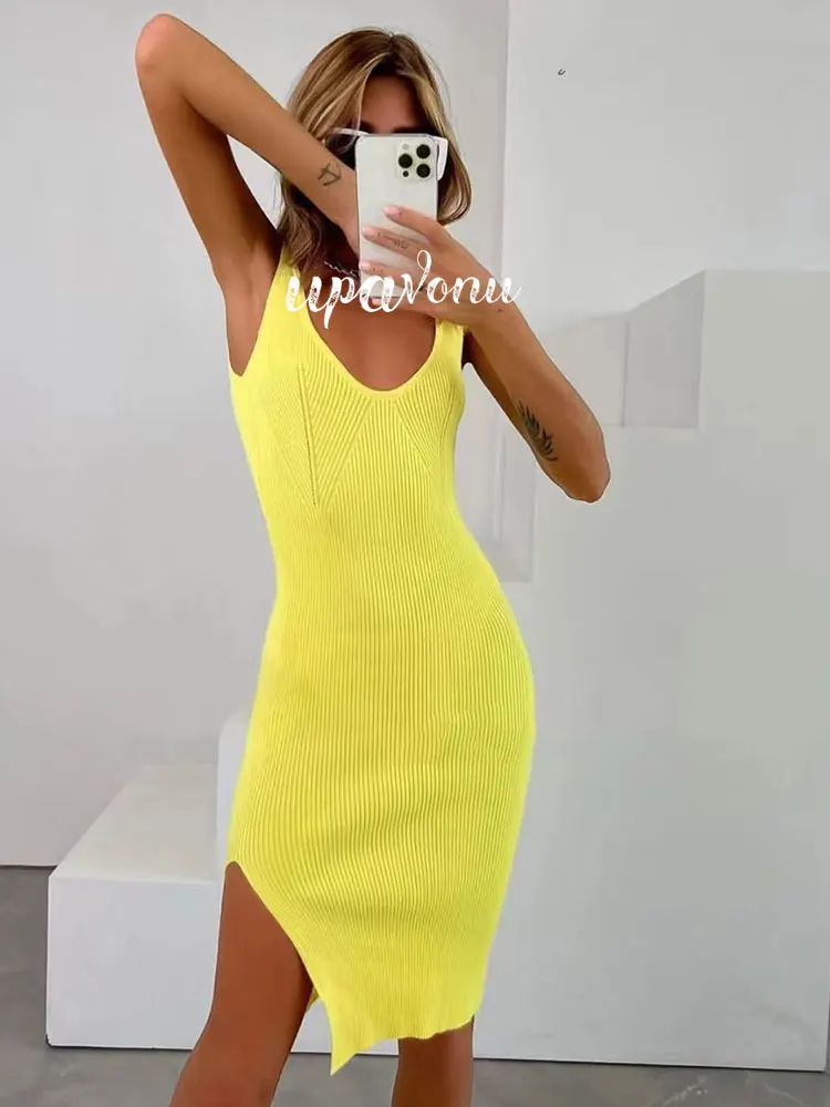 

Casual Women's Solid Knitted Sweater Dress 2022 New Style Strap Sleeveless Bodycon Split Midi Dress Evening Club Party Vestidos