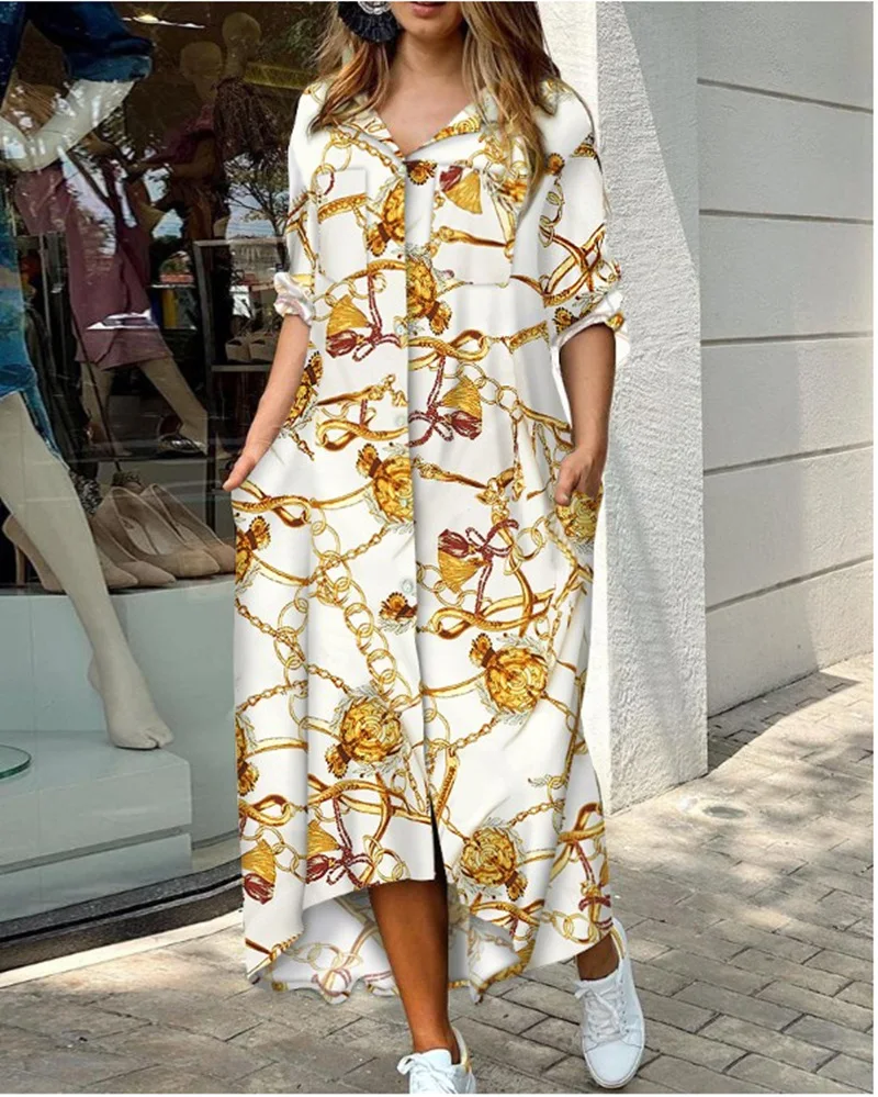 

Женское платье-рубашка с длинным рукавом, на пуговицах