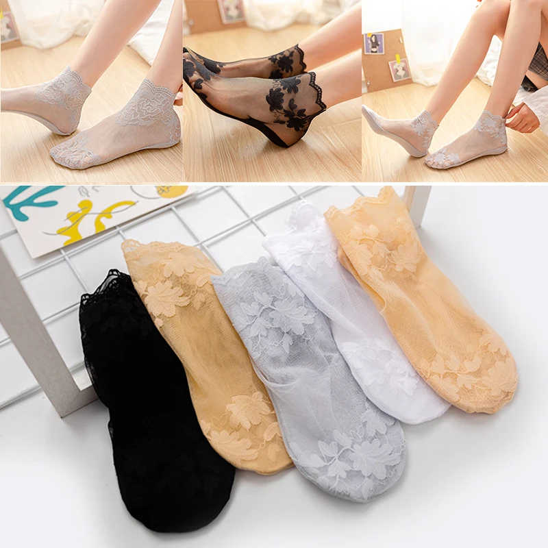 

Socks Summer Women Lace Socks Sexy Antiskid Non-slip Invisible Liner Sock Female Elastic Comfy Thin Breathable Ankle Short Black